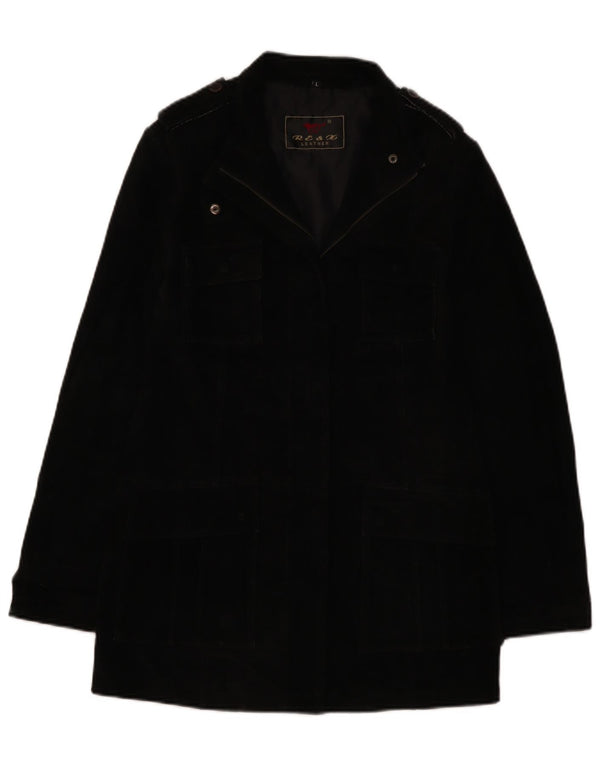 Giacca a vento militare in pelle scamosciata da donna vintage UK 16 grande in pelle nera