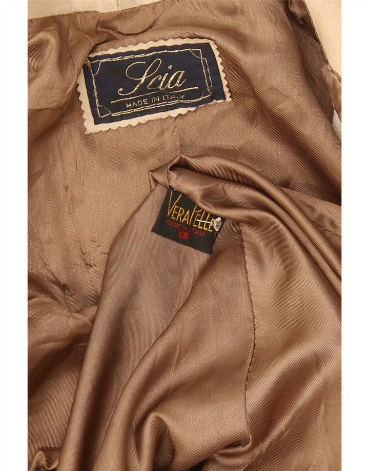 Giacca in pelle oversize da donna vintage con maniche a 3/4 UK 6 XS Beige