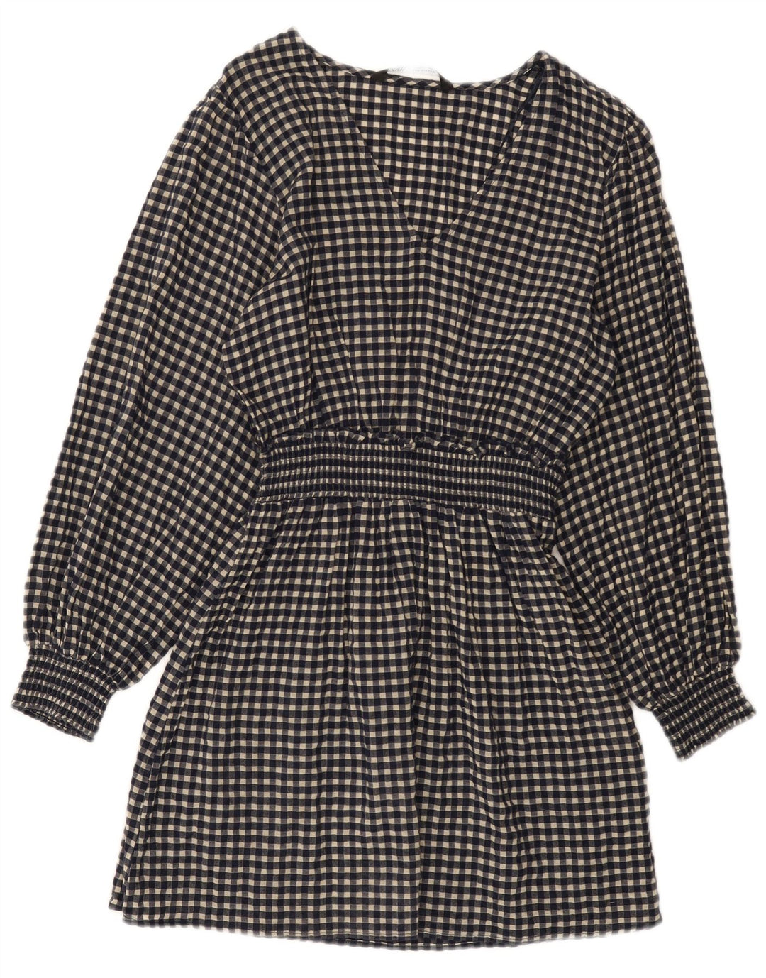 Abito basic a maniche lunghe da donna Zara UK 10 piccolo in cotone a quadretti blu navy