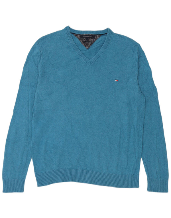 Maglione maglione con scollo a V da uomo Tommy Hilfiger grande cotone blu