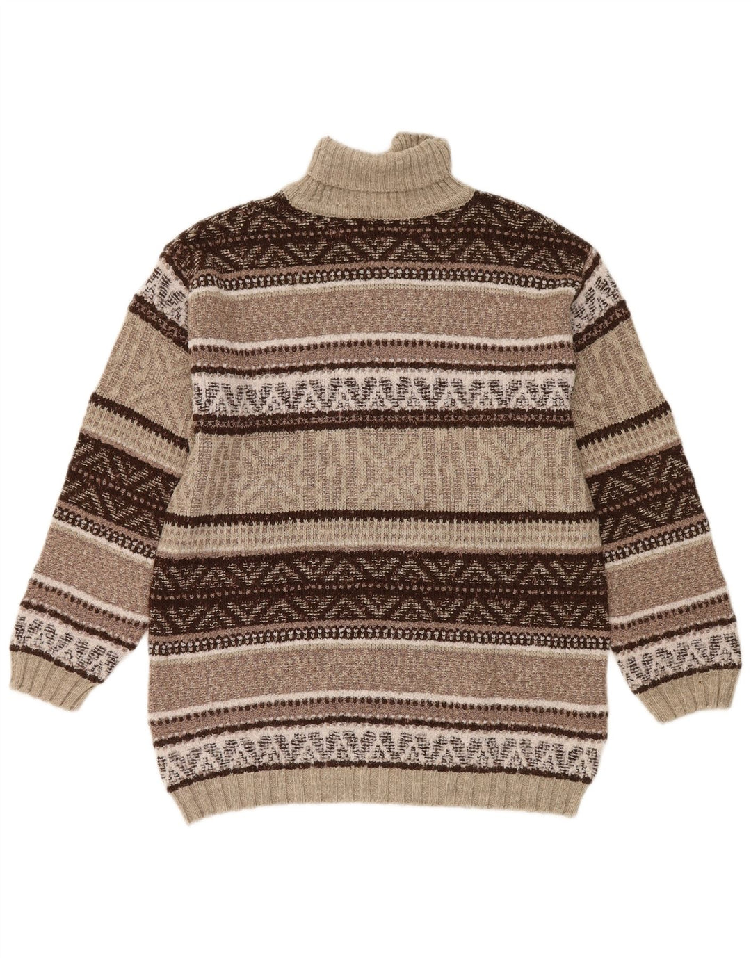 Maglione maglione vintage da uomo con collo alto in lana geometrica marrone medio