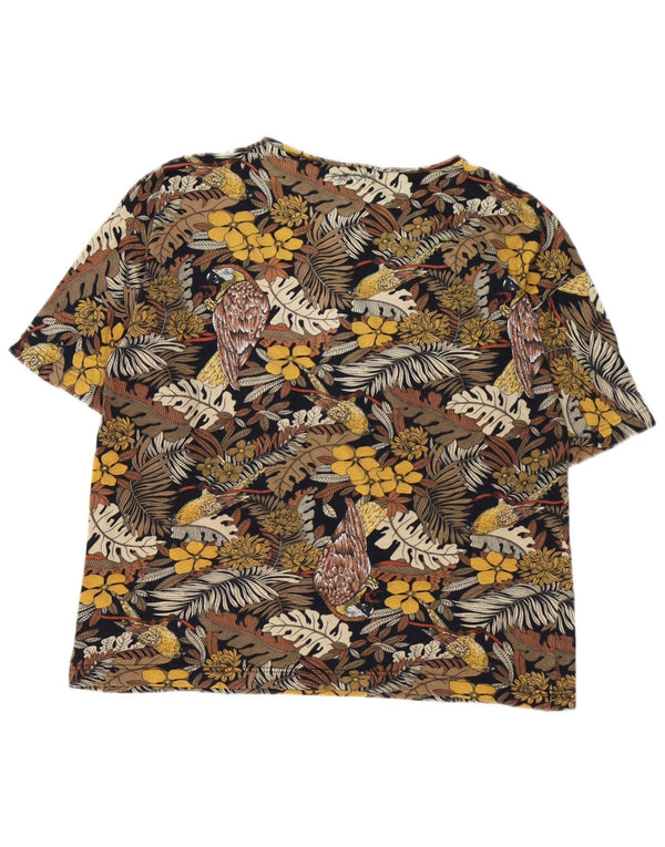 T-shirt hawaiana vintage da donna Top UK 14 marrone medio floreale