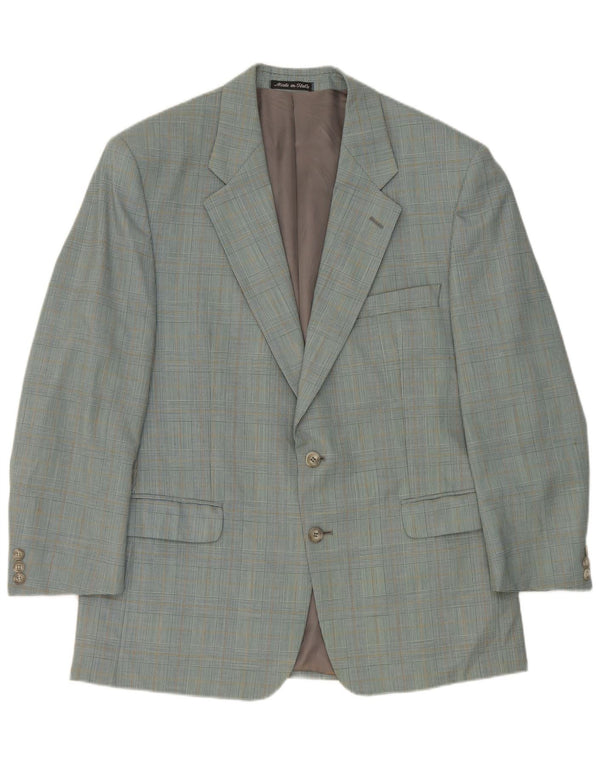 Giacca blazer vintage da uomo a 2 bottoni IT 50 grande lana vergine a quadri blu