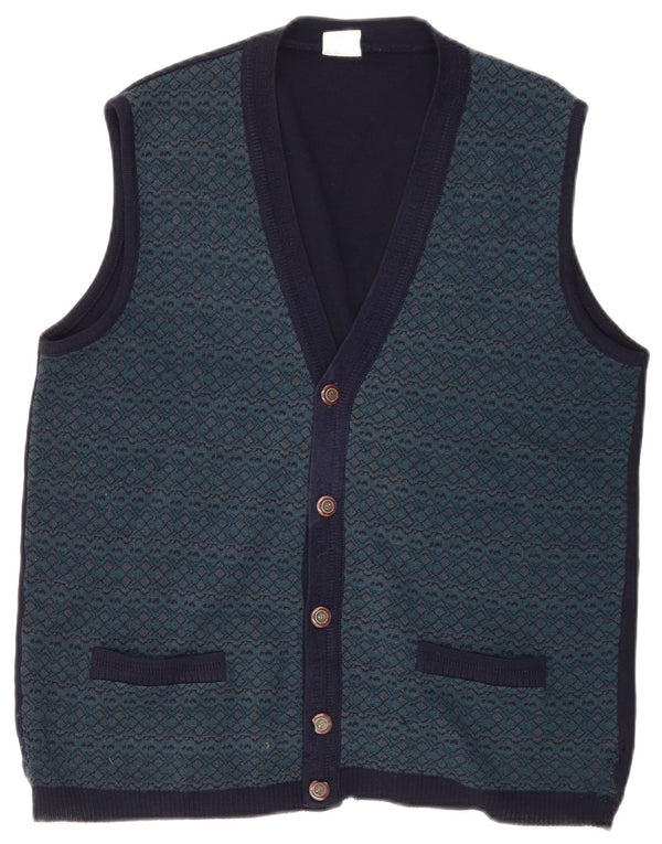 Maglione cardigan senza maniche da uomo Bernardini IT 52 Large blu navy geometrico