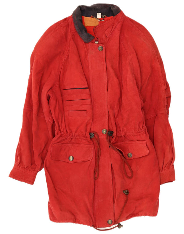 Soprabito oversize in pelle scamosciata vintage da donna UK 10 piccolo in pelle rossa