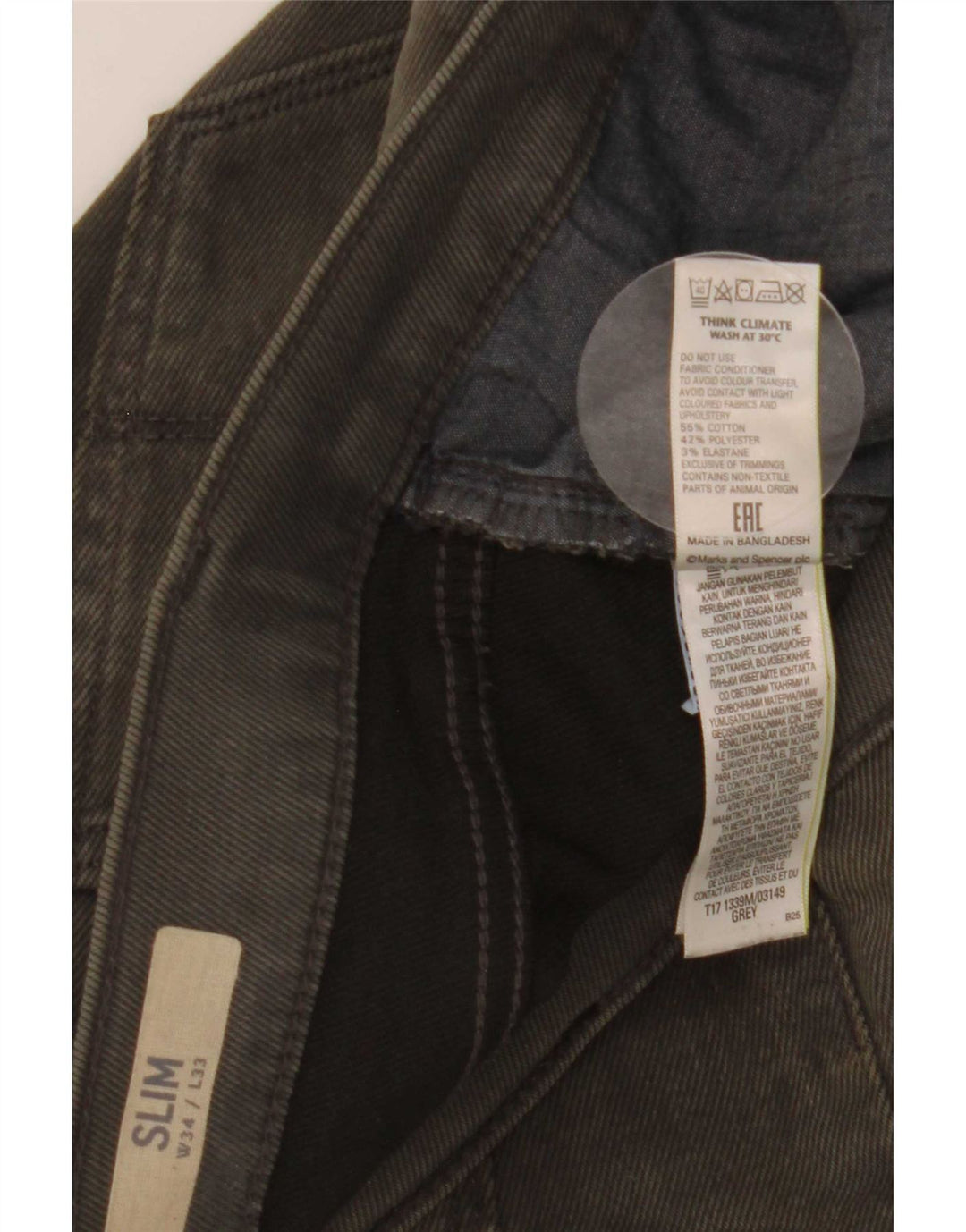 Jeans slim da uomo Marks & Spencer W34 L33 cotone grigio