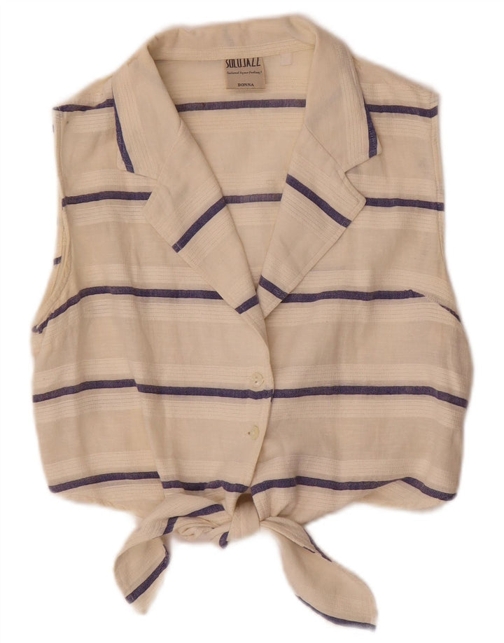Camicetta vintage da donna con cravatta corta sul davanti UK 12 a righe medie bianco sporco
