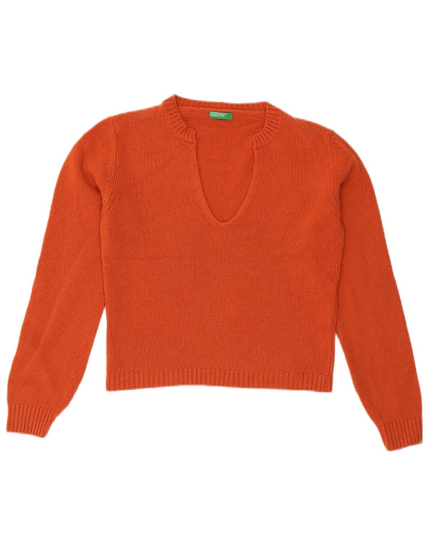 Maglione da donna con scollo a V corto Benetton UK 12 Lana arancione medio