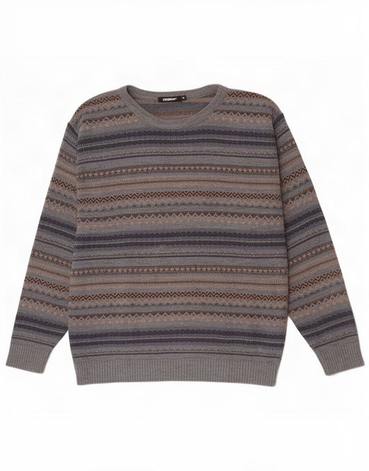 Maglione vintage da uomo con scollo a barca, acrilico Fair Isle grigio medio