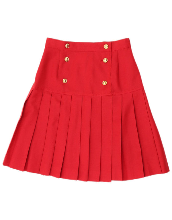 Gonna a pieghe vintage da donna UK 10 piccola W25 lana vergine rossa