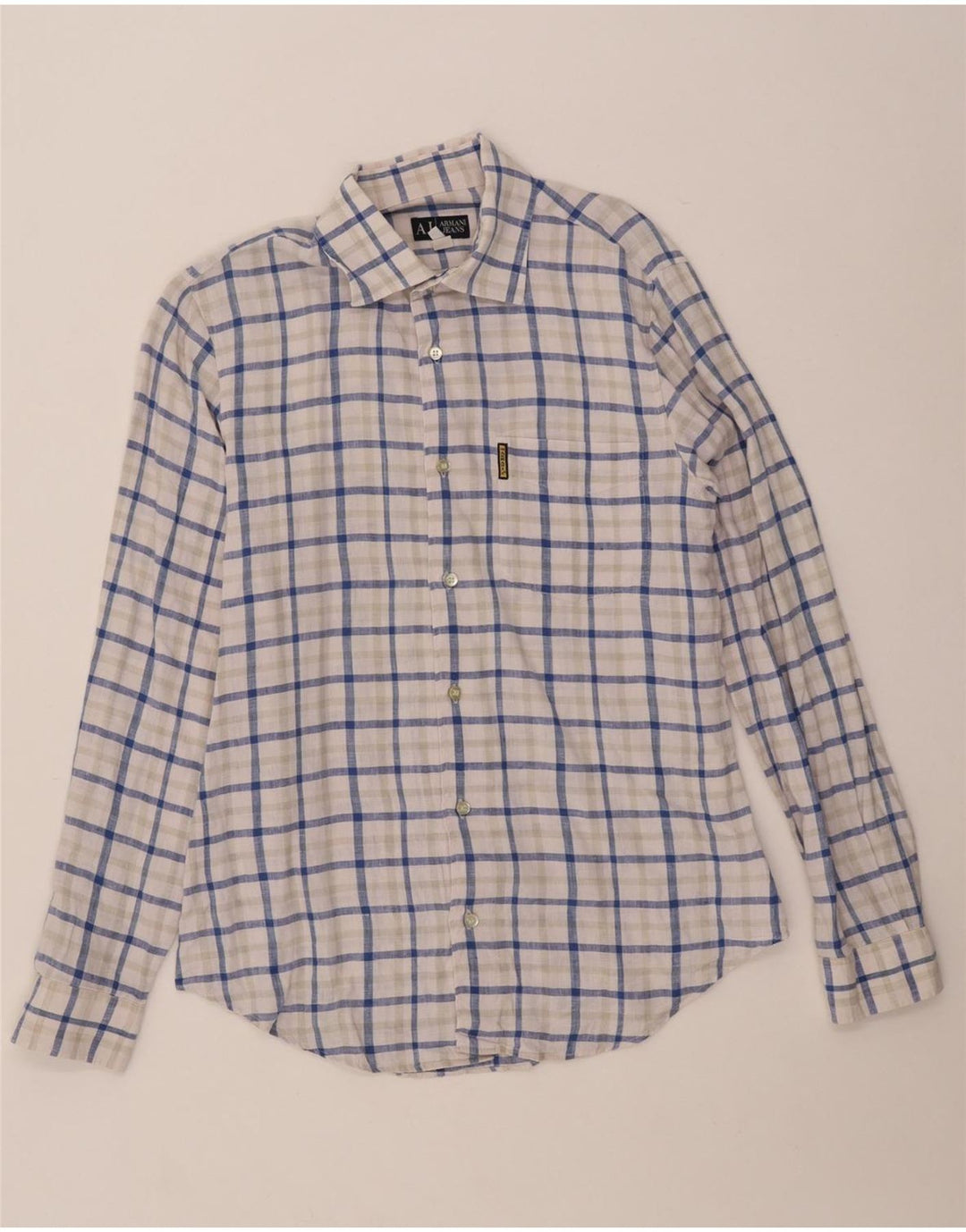 ARMANI JEANS Camicia da Uomo in Lino a Quadri Blu Medio