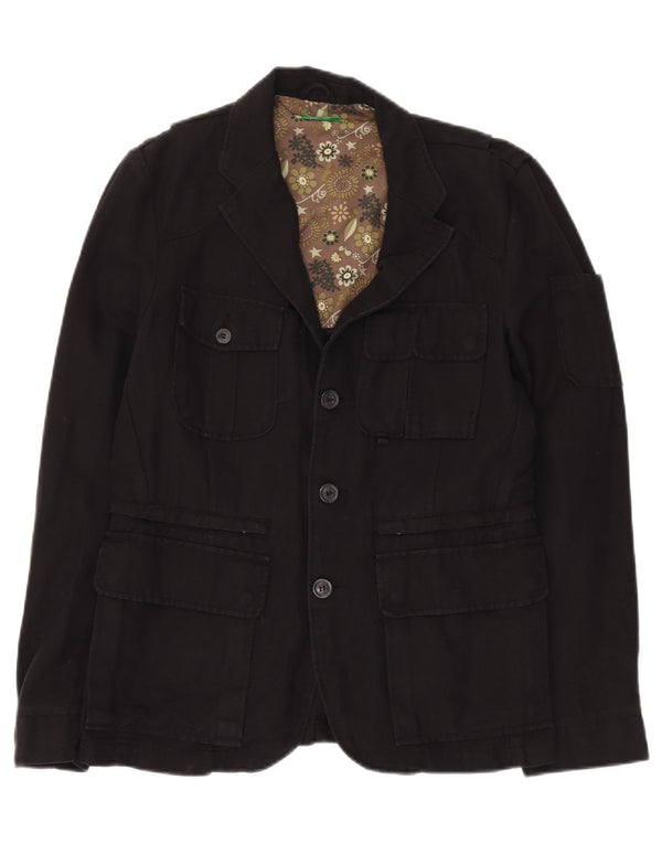 BENETTON Giacca Blazer a 3 Bottoni da Uomo IT 48 Lino Medio Nero