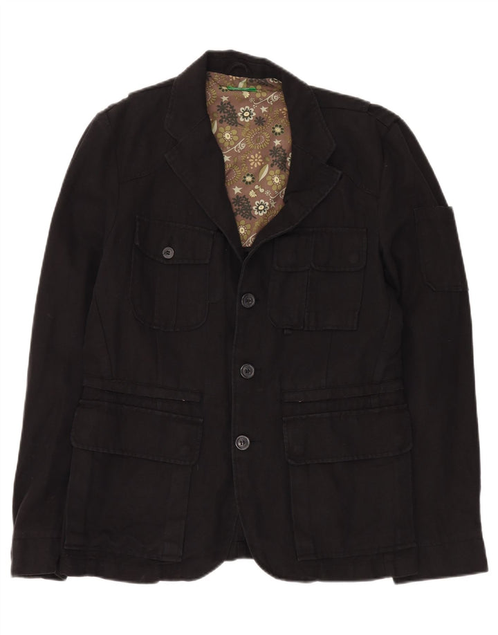 BENETTON Giacca Blazer a 3 Bottoni da Uomo IT 48 Lino Medio Nero