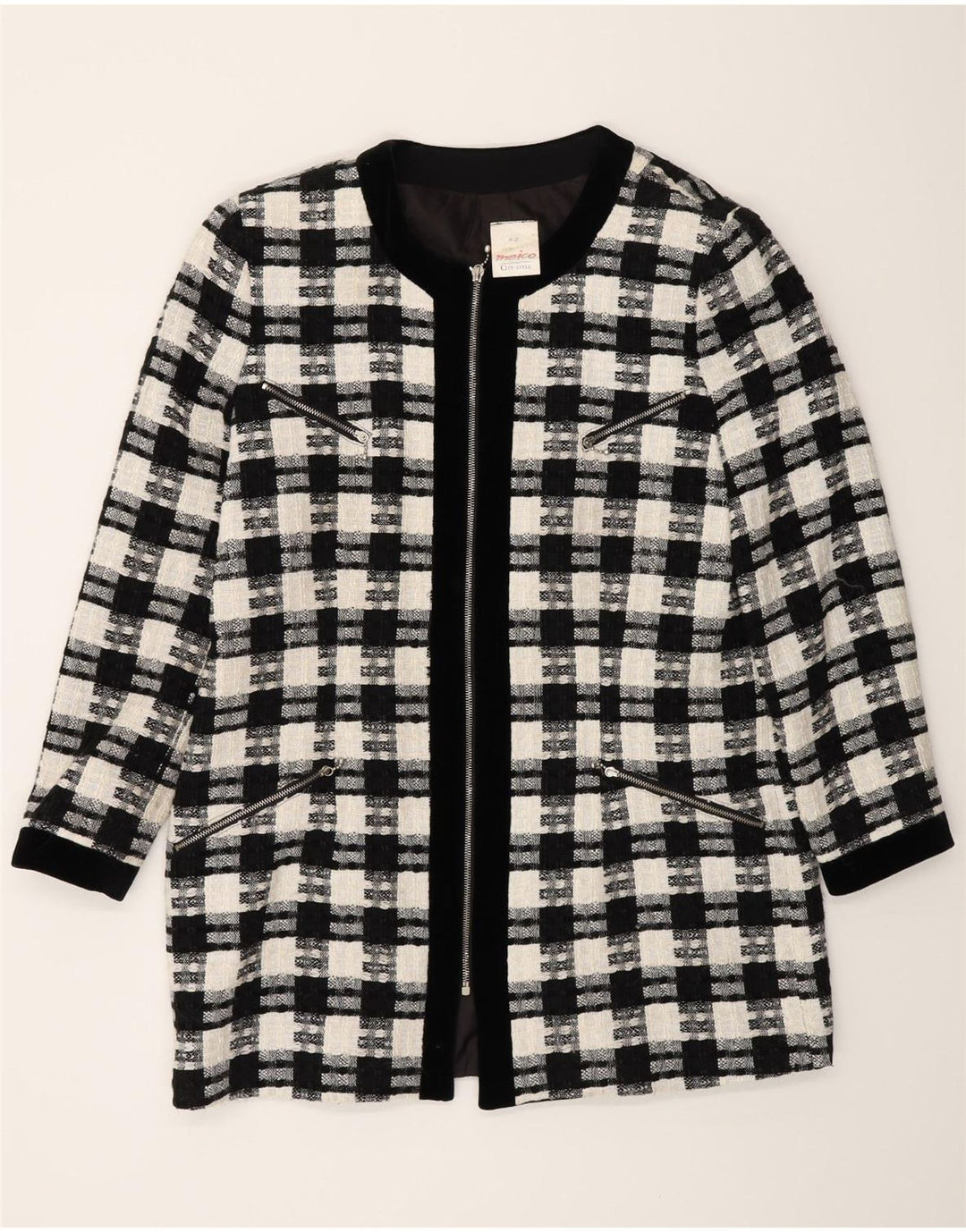 Giacca blazer lunga da donna Meico EU 42 grande poliestere a quadri neri