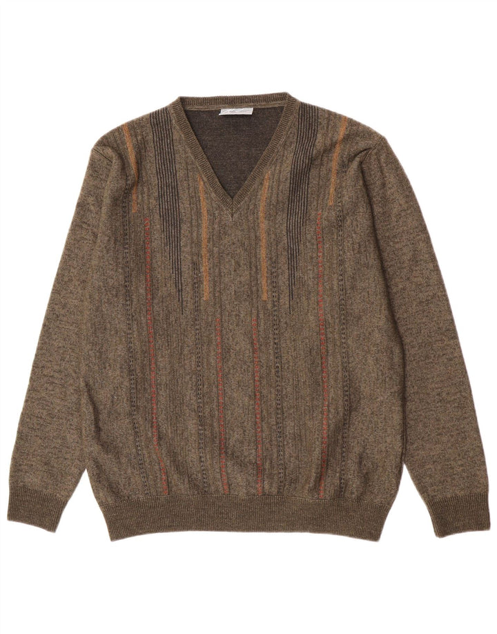 Maglione da uomo con scollo a V Rodes in lana a righe verde medio