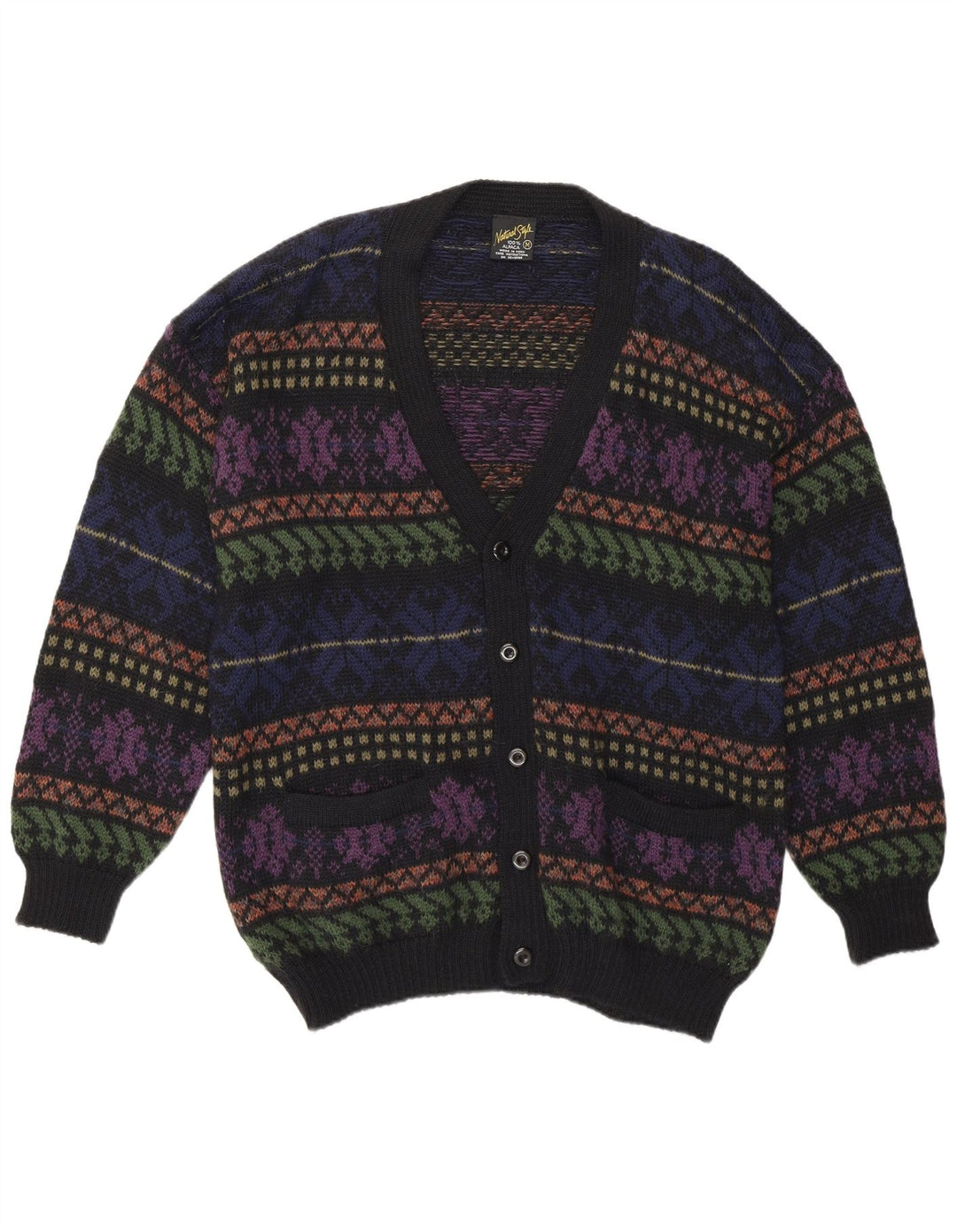 Maglione cardigan da uomo vintage in lana di alpaca Fair Isle multicolore medio