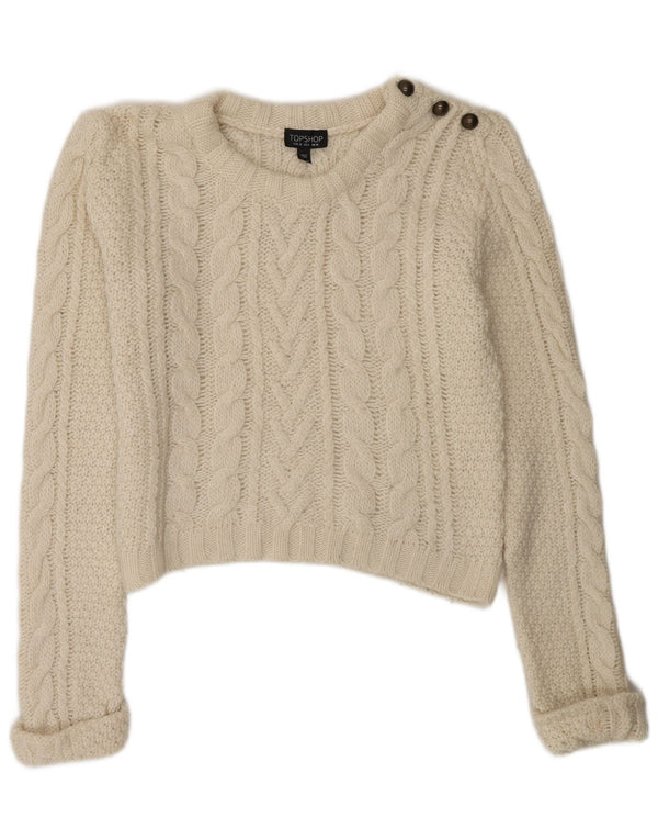 Maglione maglione girocollo corto da donna Topshop UK 10 piccolo bianco sporco