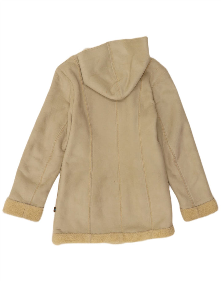 Giacca sherpa con cappuccio da donna vintage UK 14 grande poliestere beige