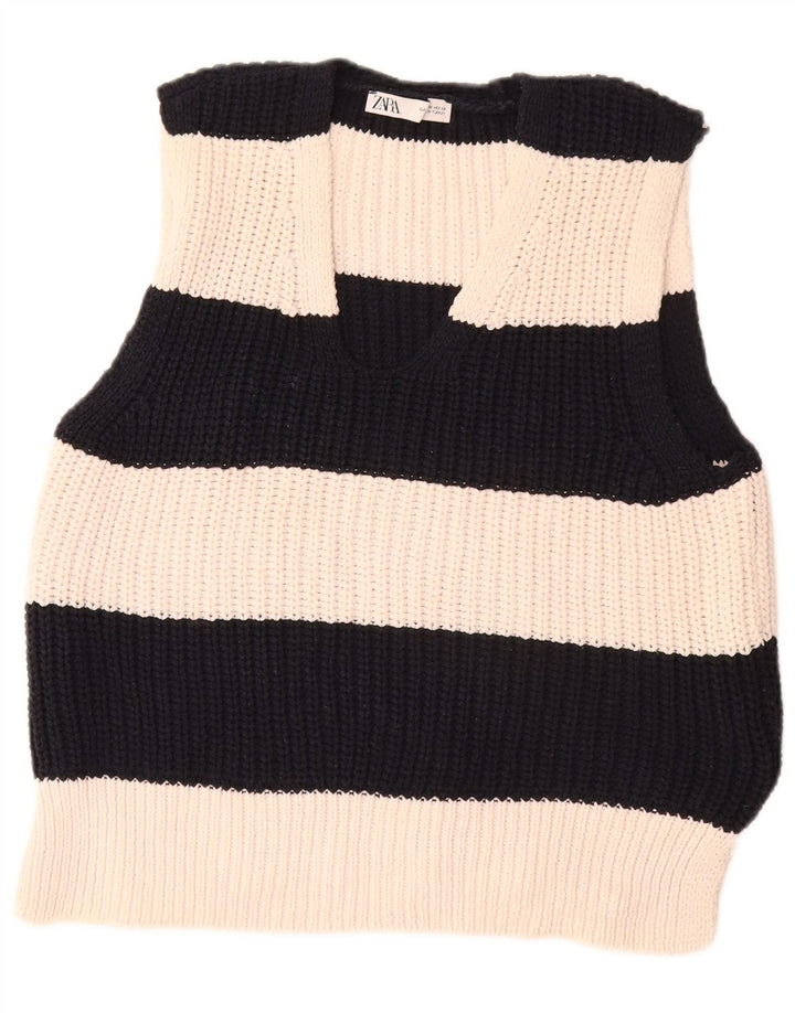 Canottiera da donna Zara UK 14 Poliestere a righe bianco sporco medio