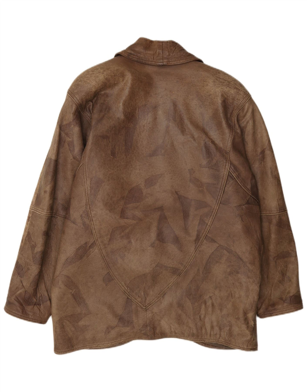 Giacca in pelle doppiopetto vintage da donna EU 42 grande patchwork marrone