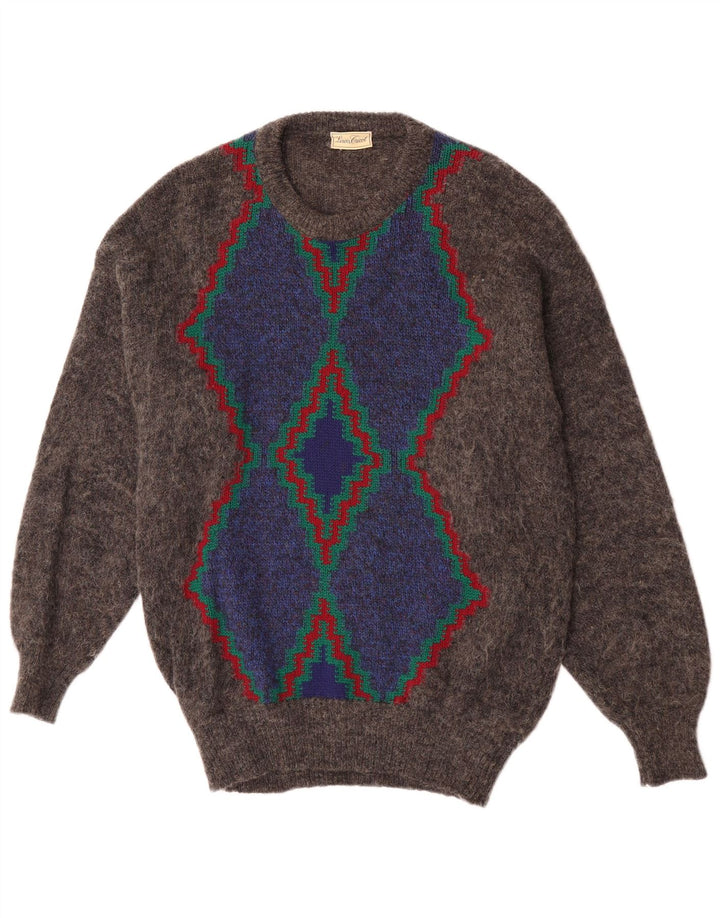 Maglione maglione girocollo da uomo vintage grigio medio a rombi/diamante