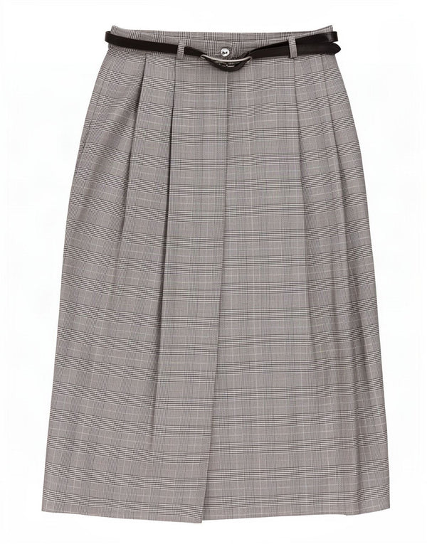 Gonna a portafoglio da donna vintage UK 10 piccola W27 poliestere pied de poule grigio