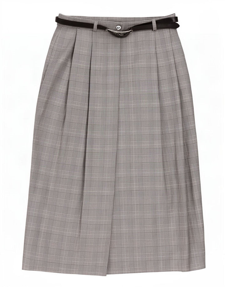 Gonna a portafoglio da donna vintage UK 10 piccola W27 poliestere pied de poule grigio