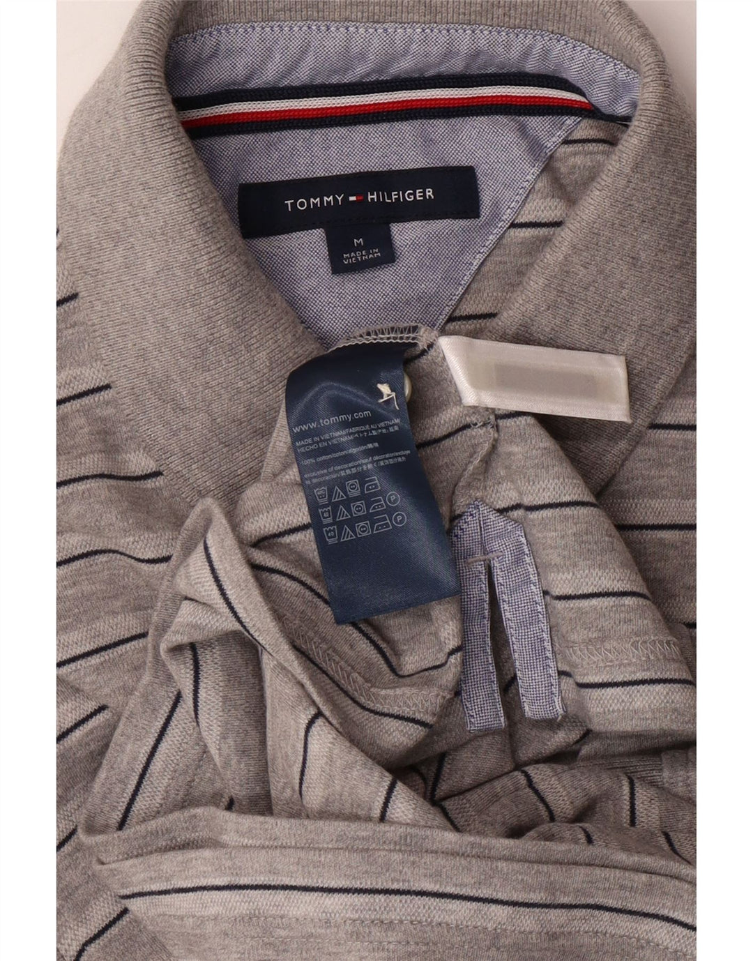 TOMMY HILFIGER Mens Polo Shirt Medium Grey Striped Cotton Vintage Tommy Hilfiger and Second-Hand Tommy Hilfiger from Messina Hembry 