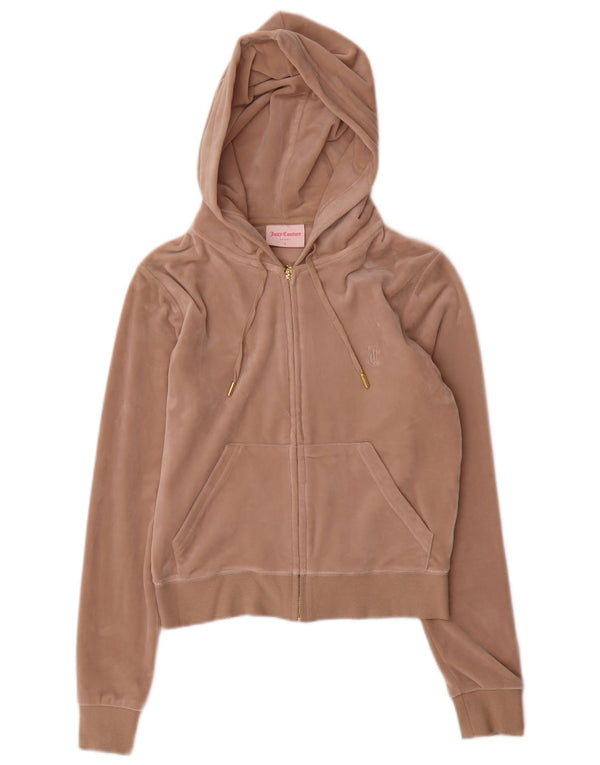 Juicy Couture maglione con cappuccio e zip in velluto da donna UK 10 piccolo poliestere beige