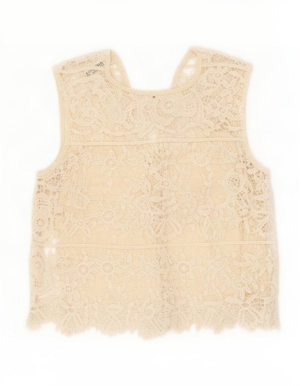 Top corto in camicetta di pizzo senza maniche da donna Zara UK 4 XS cotone floreale beige