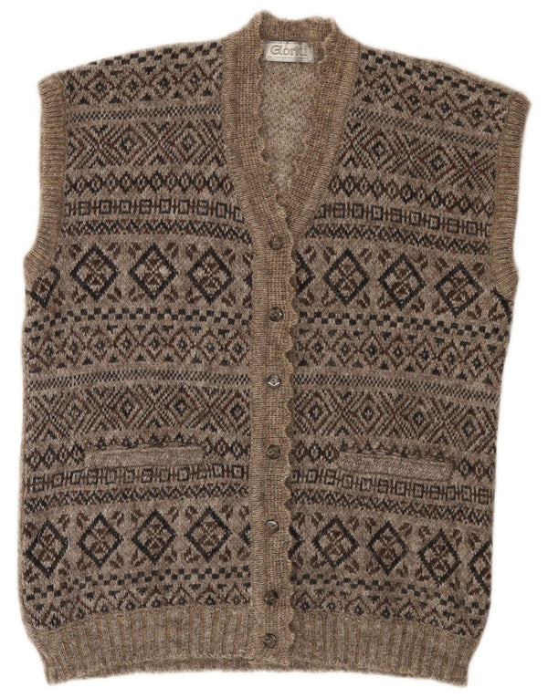 Maglione cardigan senza maniche lungo da donna vintage UK 18 XL Grigio Fair Isle