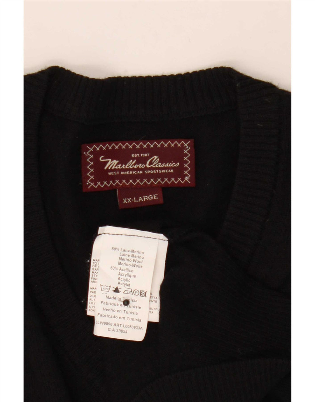 Maglione da uomo con scollo a V Marlboro Classics 2XL lana merino nera
