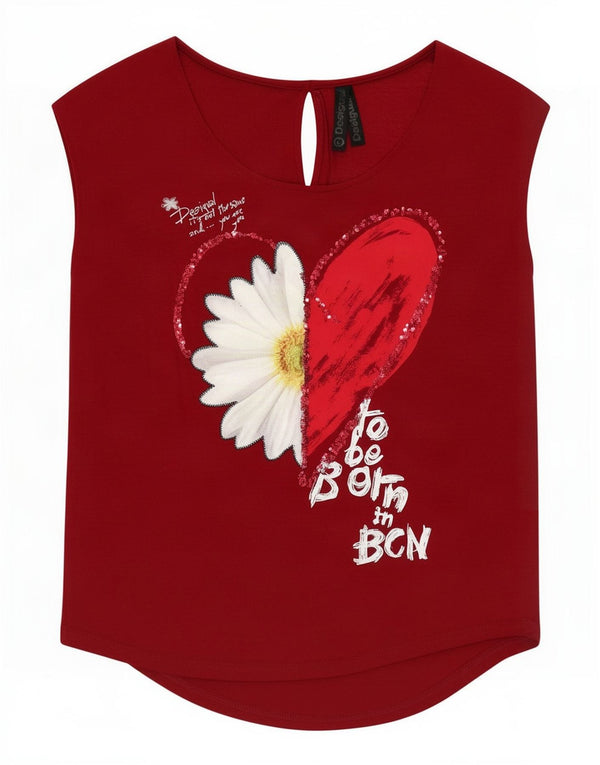 Desigual T-shirt grafica da donna Top UK 16 grande rosso floreale