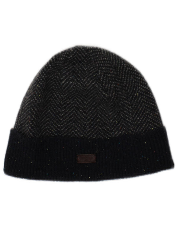 BARBOUR Mens Knit Beanie Hat One Size Grey Herringbone Acrylic Winter