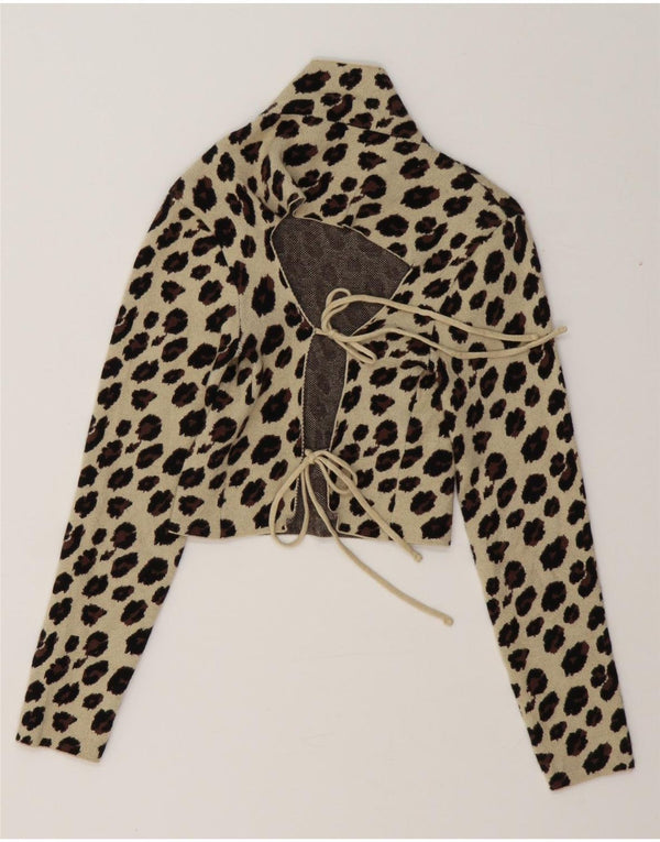 Top Zara a maniche lunghe da donna, corto, camicetta UK 12, beige medio, stampa animalier