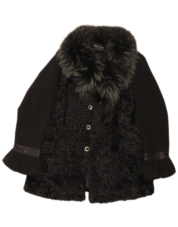 Cappotto in pelliccia sintetica vintage da donna UK 14 stampa animalier nera media