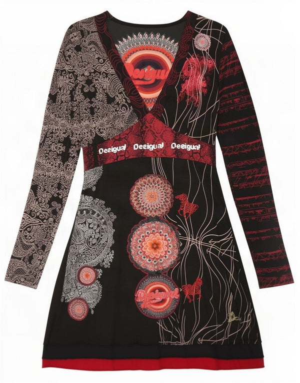 Desigual Womens Long Sleeve A-Line Dress UK 14 Large Black Cotton
