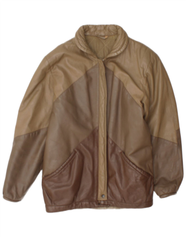 Giacca in pelle vintage da donna UK 14 Colorblock marrone medio