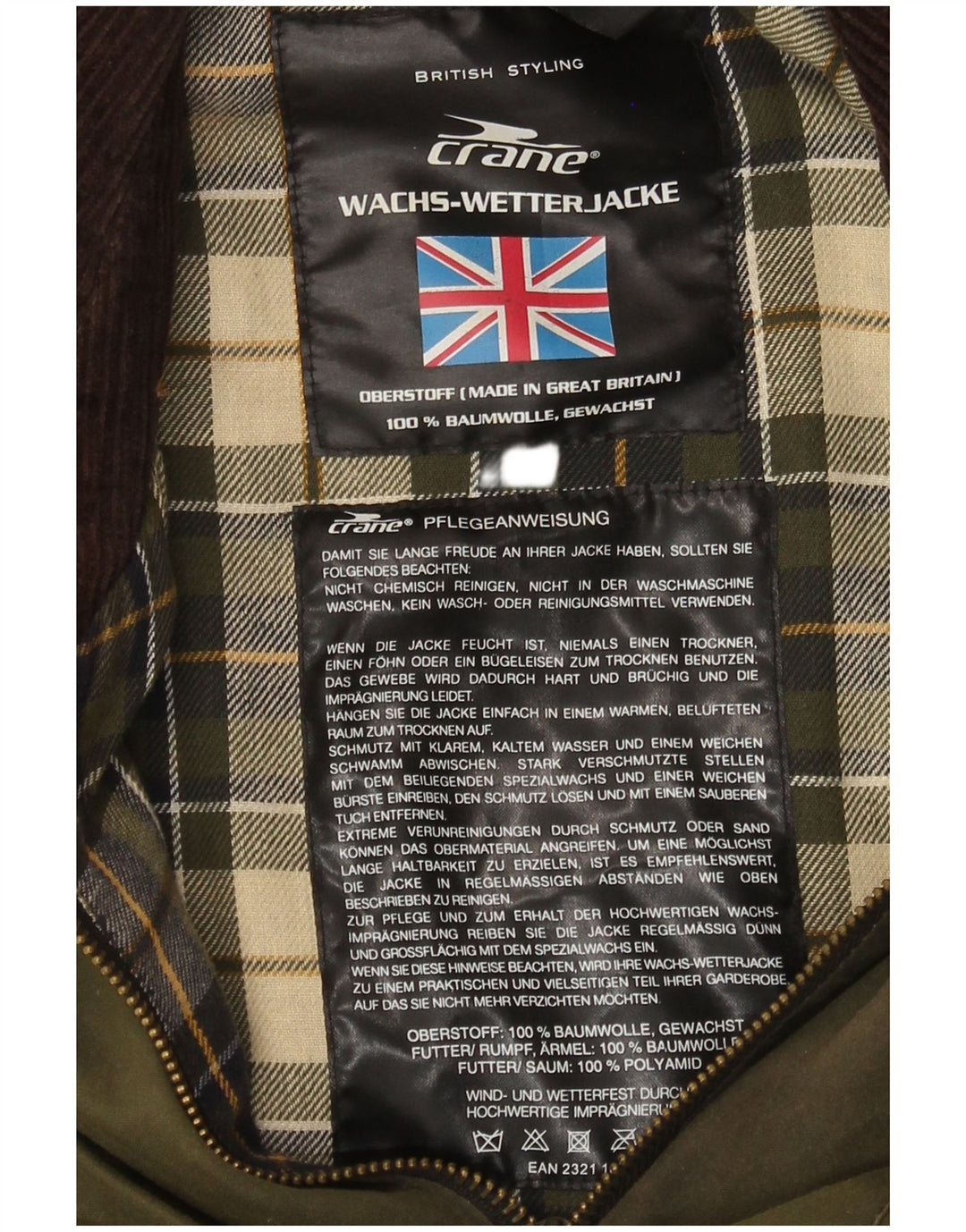 Giacca da uomo in cotone cerato Crane UK 38 Cotone verde medio