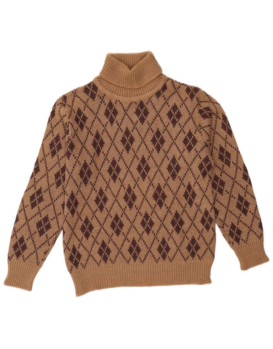 Maglione maglione collo alto da donna VINTAGE UK 18 XL Marrone Argyle/Diamante
