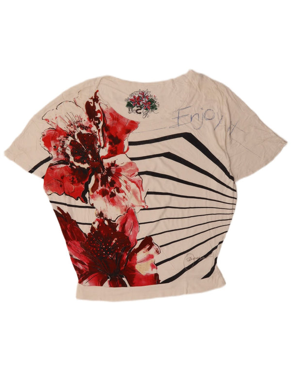 T-shirt grafica da donna DESIGUAL Top UK 16 grande cotone floreale bianco