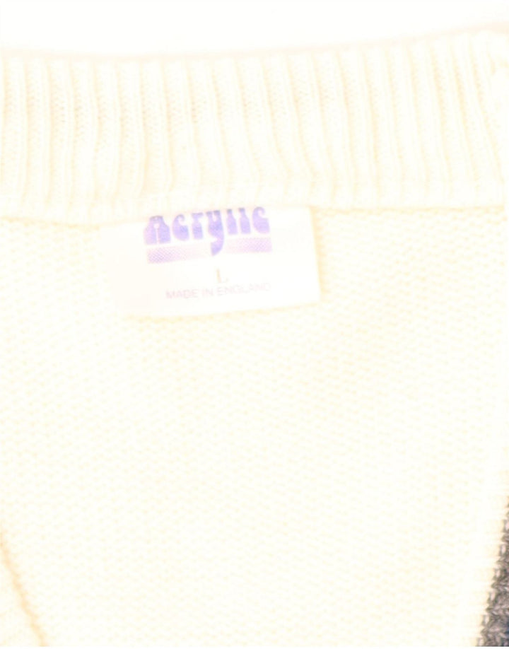 Maglione da uomo con scollo a V VINTAGE grande acrilico geometrico bianco