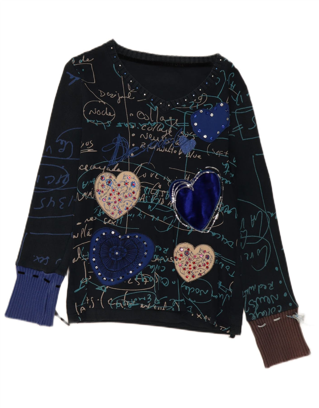 Desigual Donna Graphic Top Manica Lunga UK 14 Medio Blu Navy Cuore