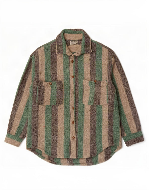 Tahuantinsuyo Mens Hand Made Overshirt Shirt Large Green Striped New Wool