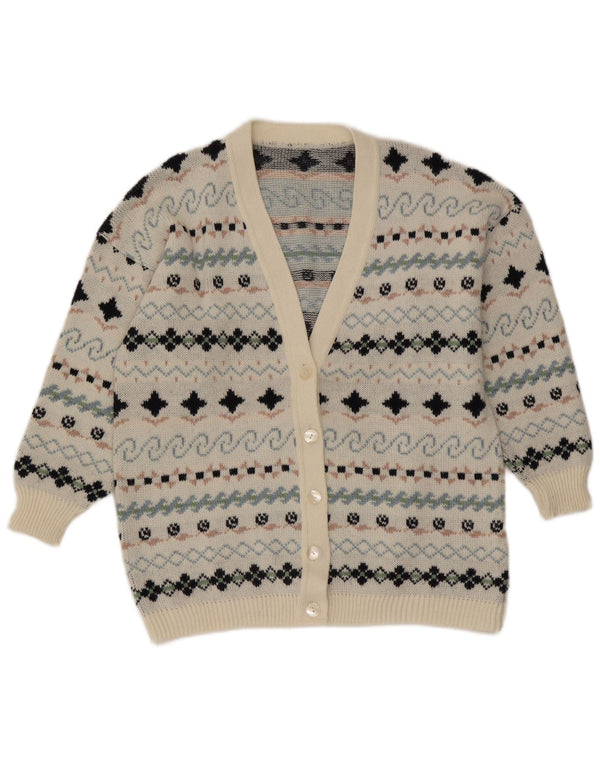 Maglione cardigan da donna vintage UK 16 Large White Fair Isle