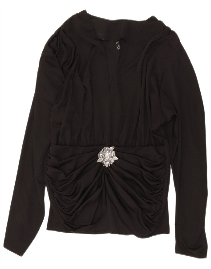 Top camicetta a maniche lunghe da donna vintage IT 38 XS poliestere nero