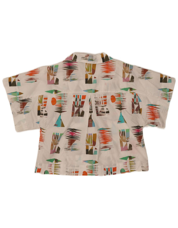 Camicetta camicia a maniche corte da donna vintage UK 10 piccolo cotone geometrico bianco