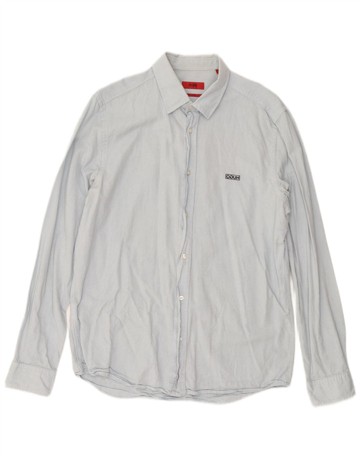 Camicia dritta da uomo Hugo Boss in cotone blu medio