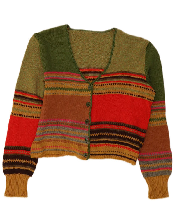 Maglione cardigan corto da donna vintage UK 12 a righe multicolori medie