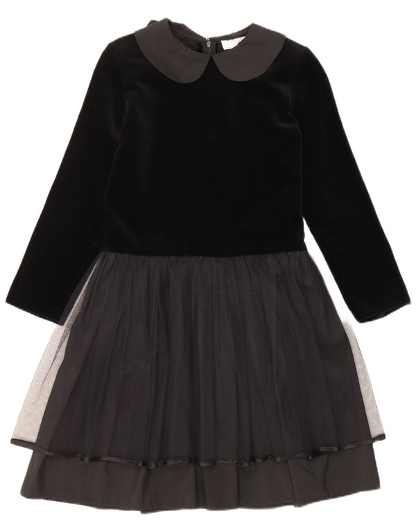 Vintage Girls Long Sleeve Velvet A-Line Dress 9-10 Years Black Colourblock